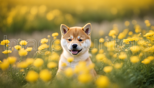 Adorable Shiba Inu Puppy Among Yellow Flowers