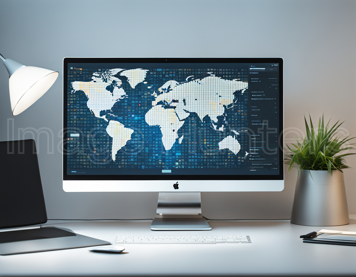 Computer monitor showing abstract code overlaying a world map backdrop