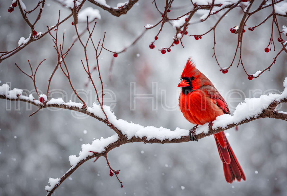 A cardinal perched on a snow-covered branch