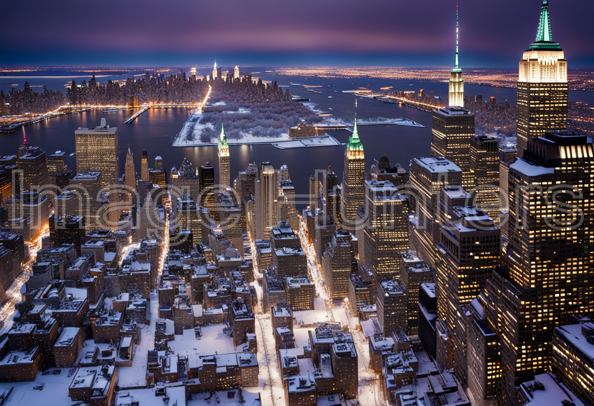 Winter wonderland snow covered New York cityscape at twilight