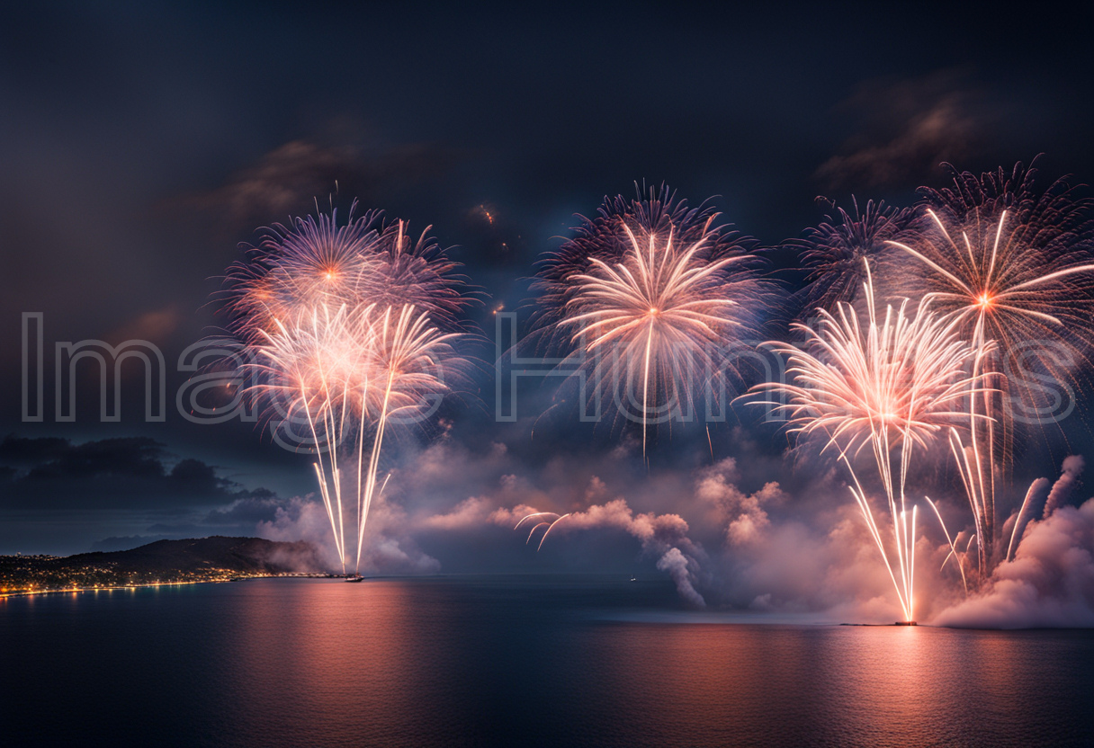 Vibrant New Year's fireworks display over the ocean