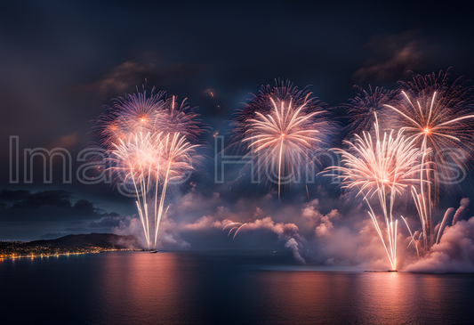 Vibrant New Year's fireworks display over the ocean