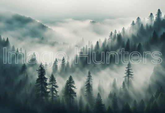 A pine forest cloaked in enchanting mist