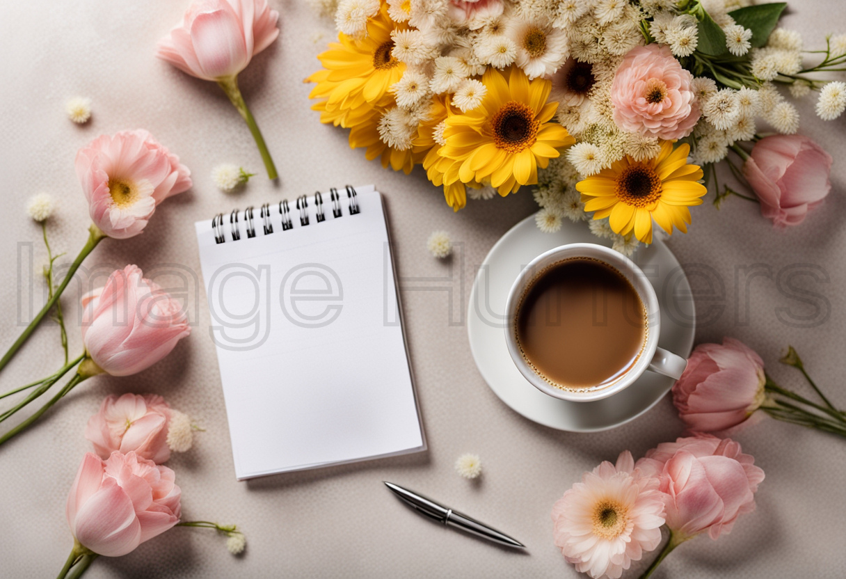 Mockup Notebook, Coffee, Flowers Ensemble on Tabletop Harmony