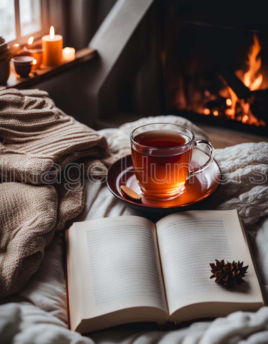 Winter Coziness with Hot Tea and Book at Home