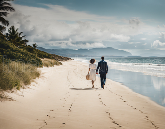 Elegantly Dressed Couple Walking on the Beach Together