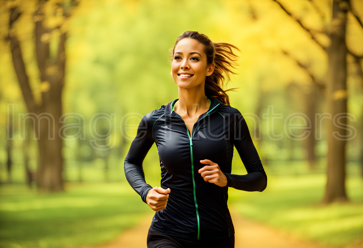 Woman jogging through a sunny park