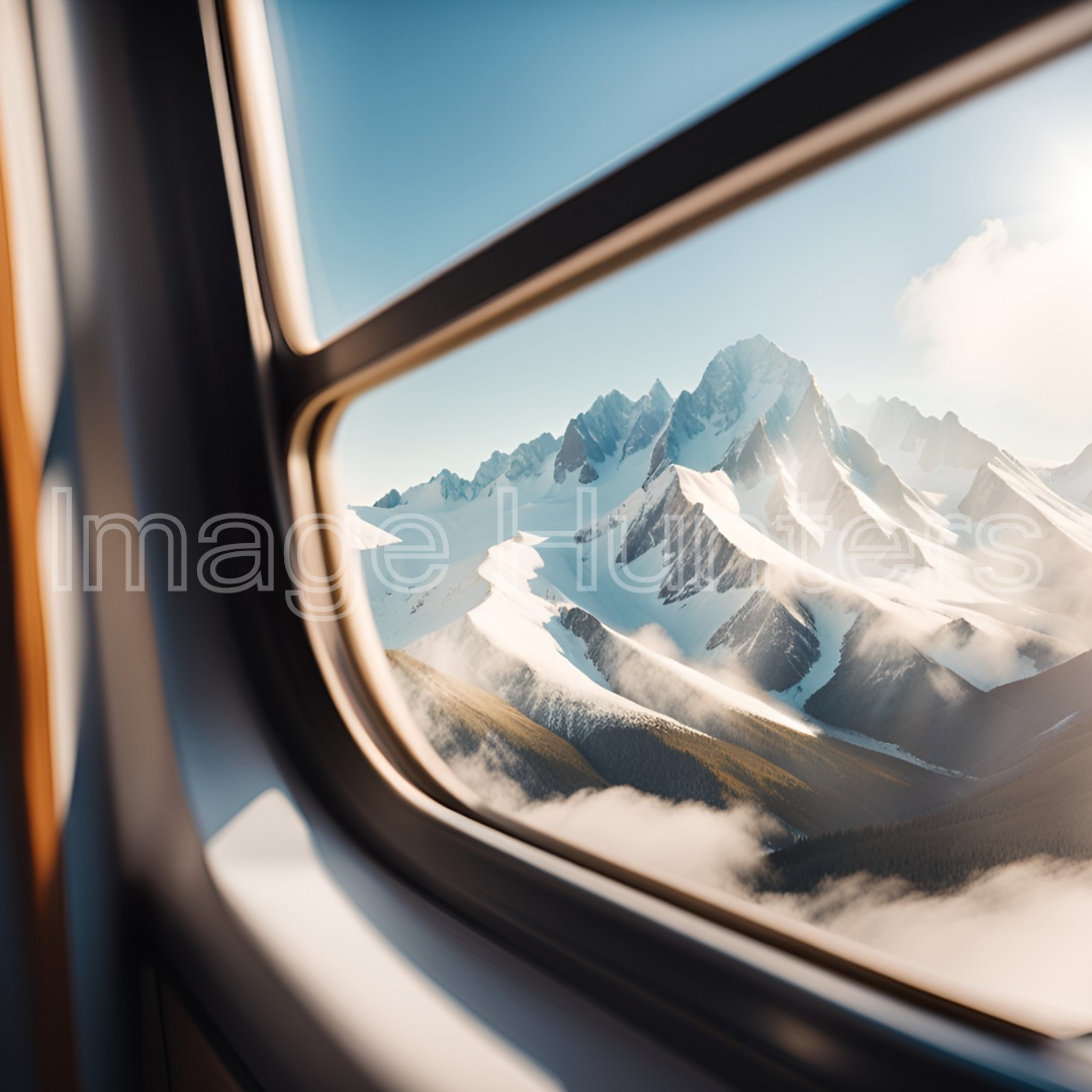 Snowy mountains seen through vintage airplane window