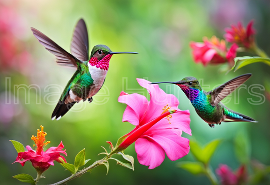 Hummingbirds flying next to beautiful pink flower