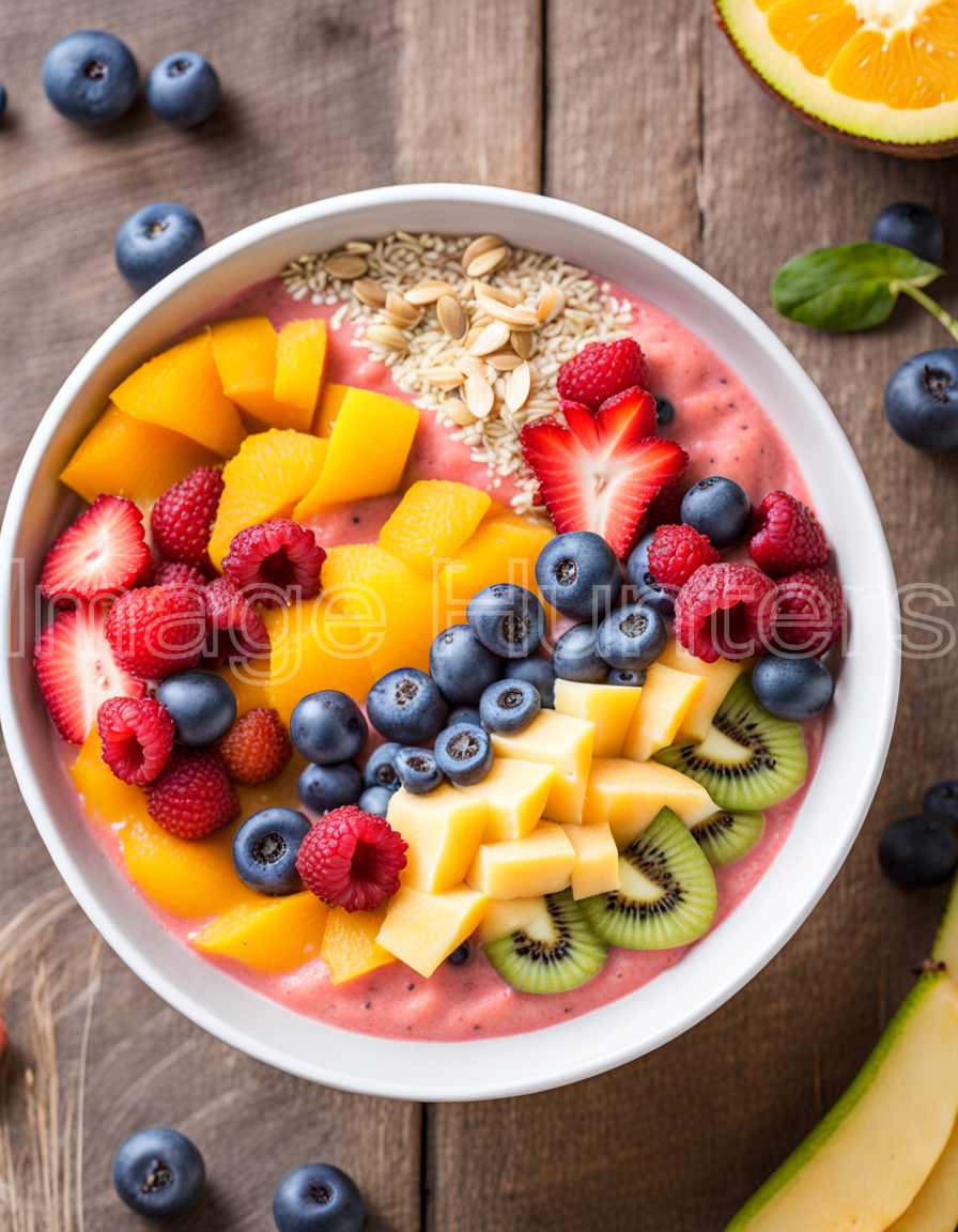 Tropical fruit smoothie bowl with toppings