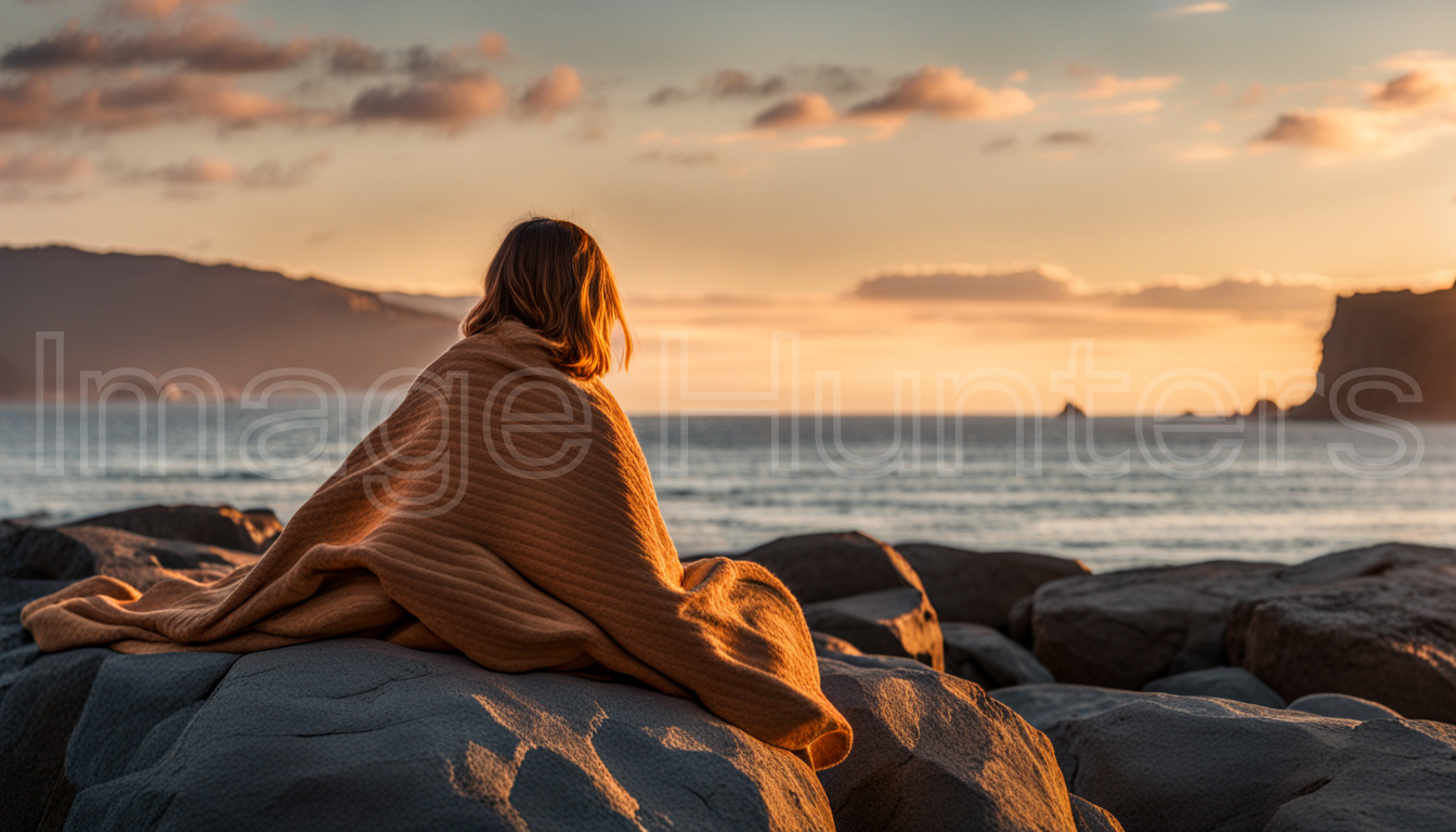 Woman Wrapped in Blanket Watching Ocean Sunset on Rocks