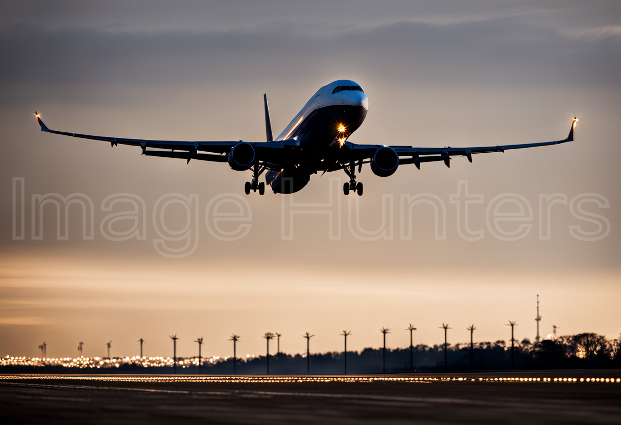 Airplane Departing from Runway in Golden Light