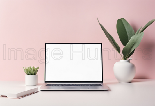 White Screen Laptop Mockup on Soft Pink Wall background