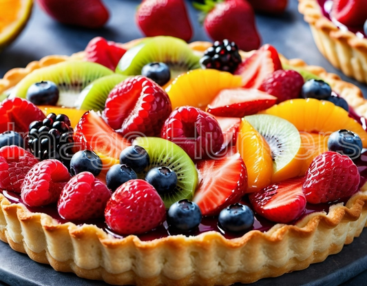 Colorful fruit tart topped with fresh berries