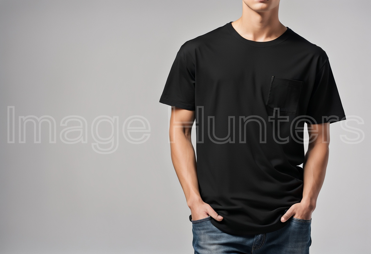 Young Man in black T-Shirt front mockup, hands in pockets