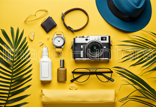 Travel Accessories Flat Lay on Yellow Background