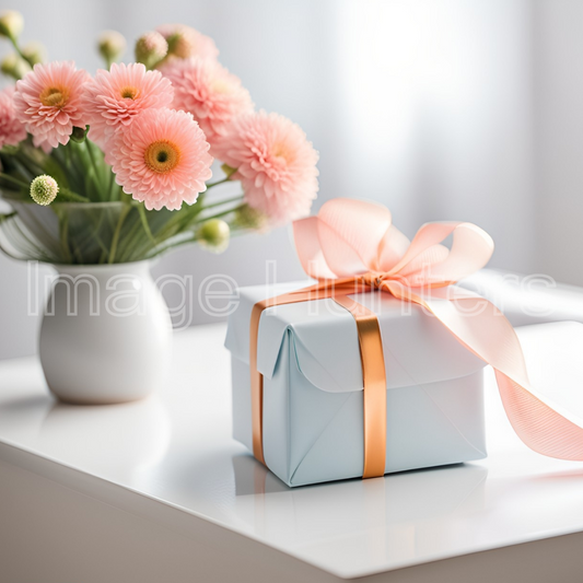 Gift and Flowers on Table