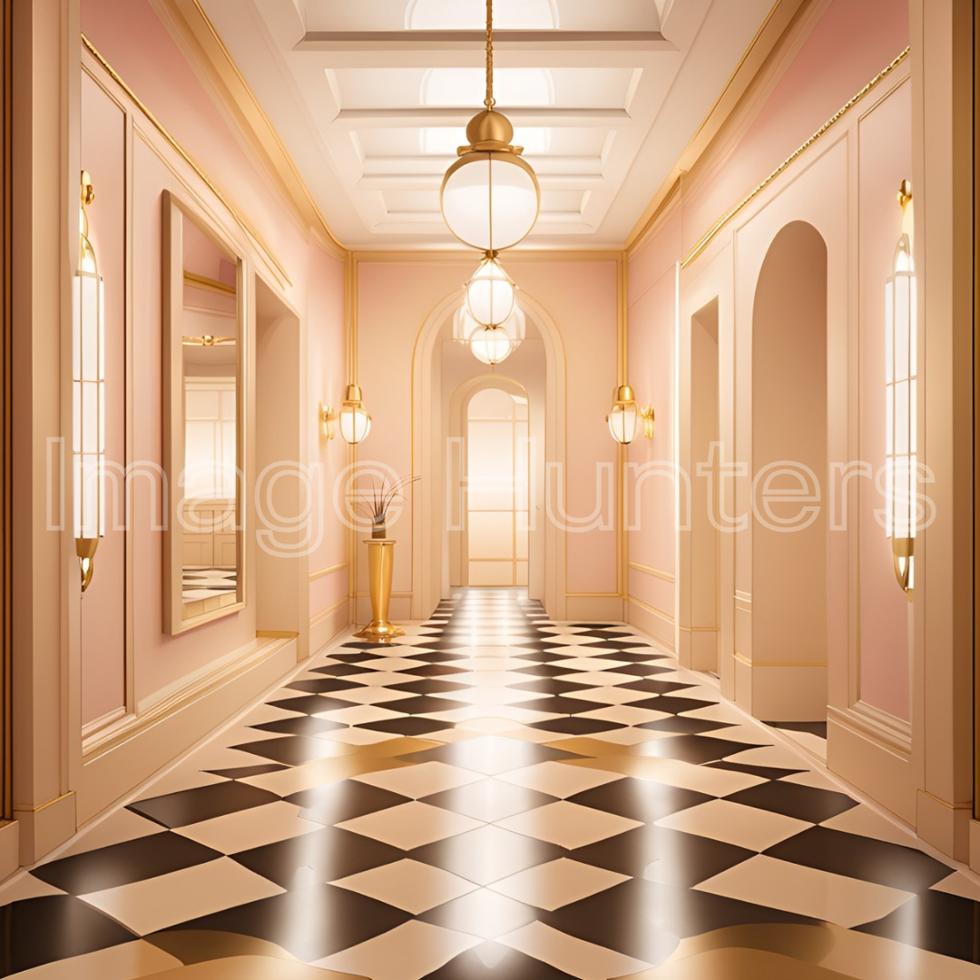 Stylish Hallway with White Checkered Floor and Fancy Gold Decor