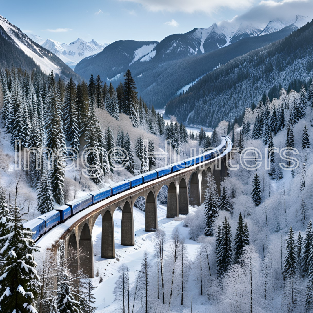 Winter train on Swiss viaduct through forest