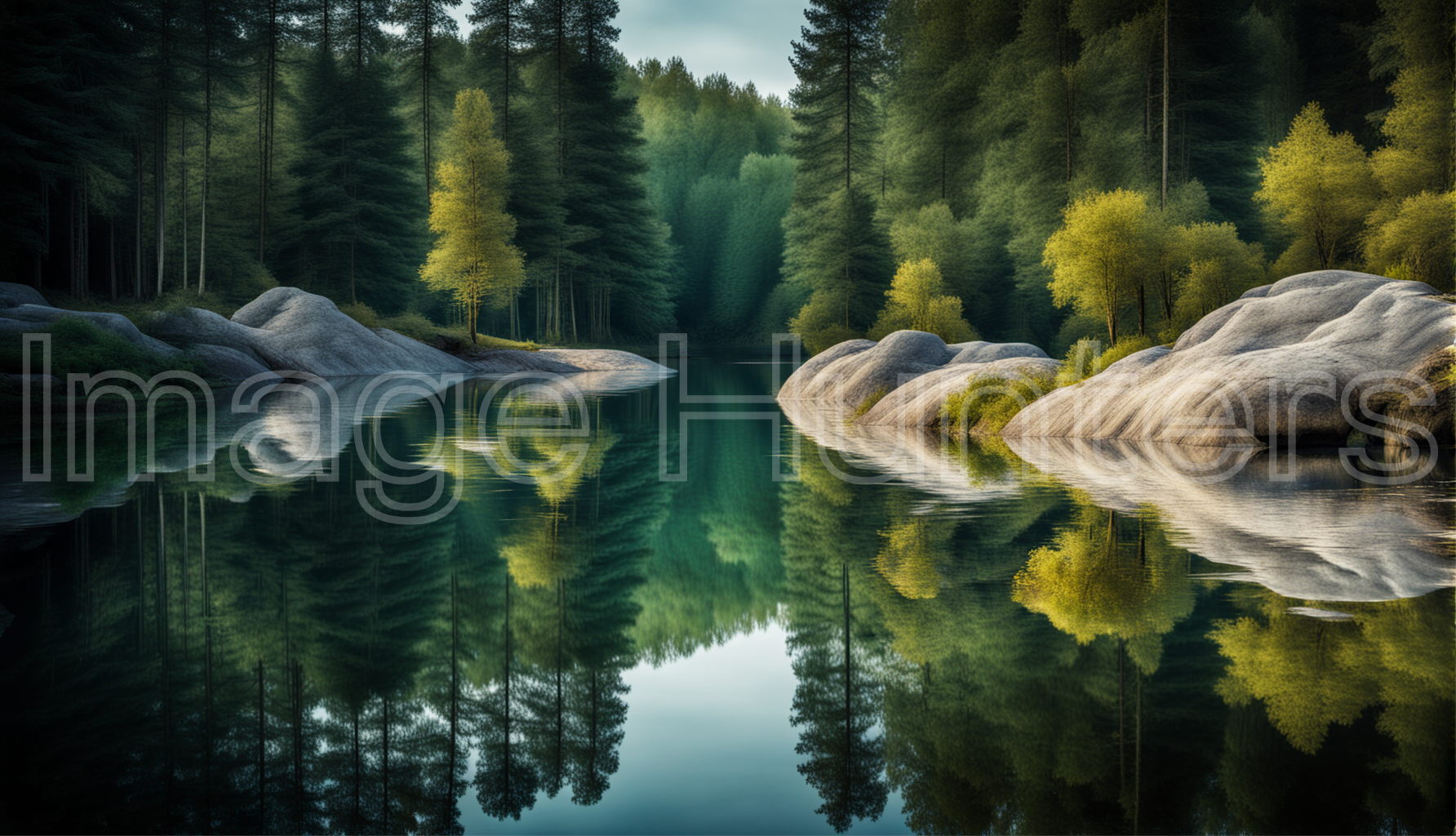 Forest and rocks reflected in calm water