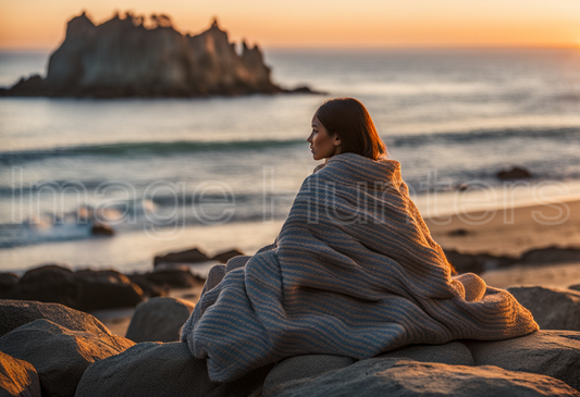 Woman Wrapped in Blanket Watching Ocean Sunset on Rocks