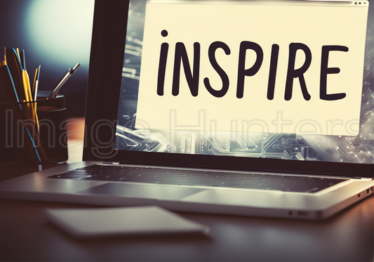 Laptop screen displays 'INSPIRE' text