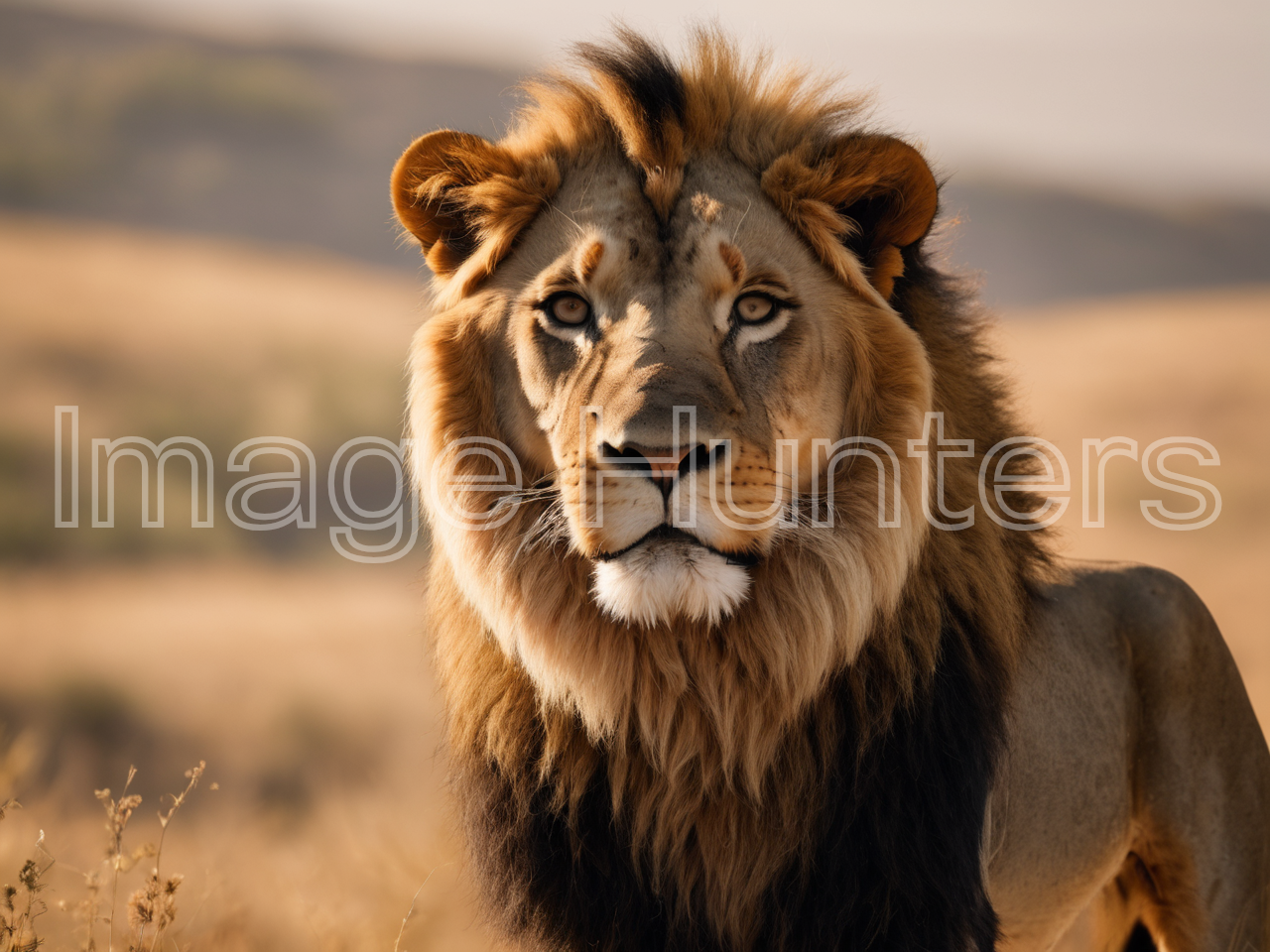 A majestic lion engages the camera with a direct