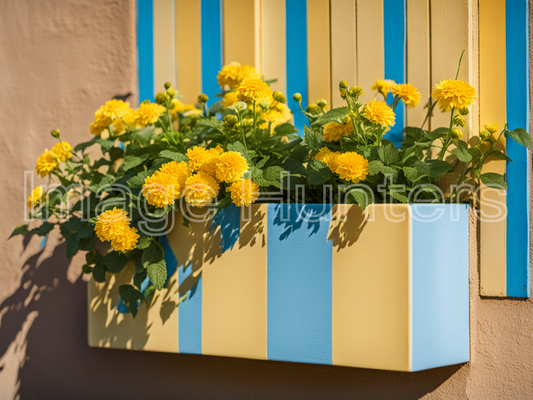 Yellow Flowers in a Box by Blue Striped Wall