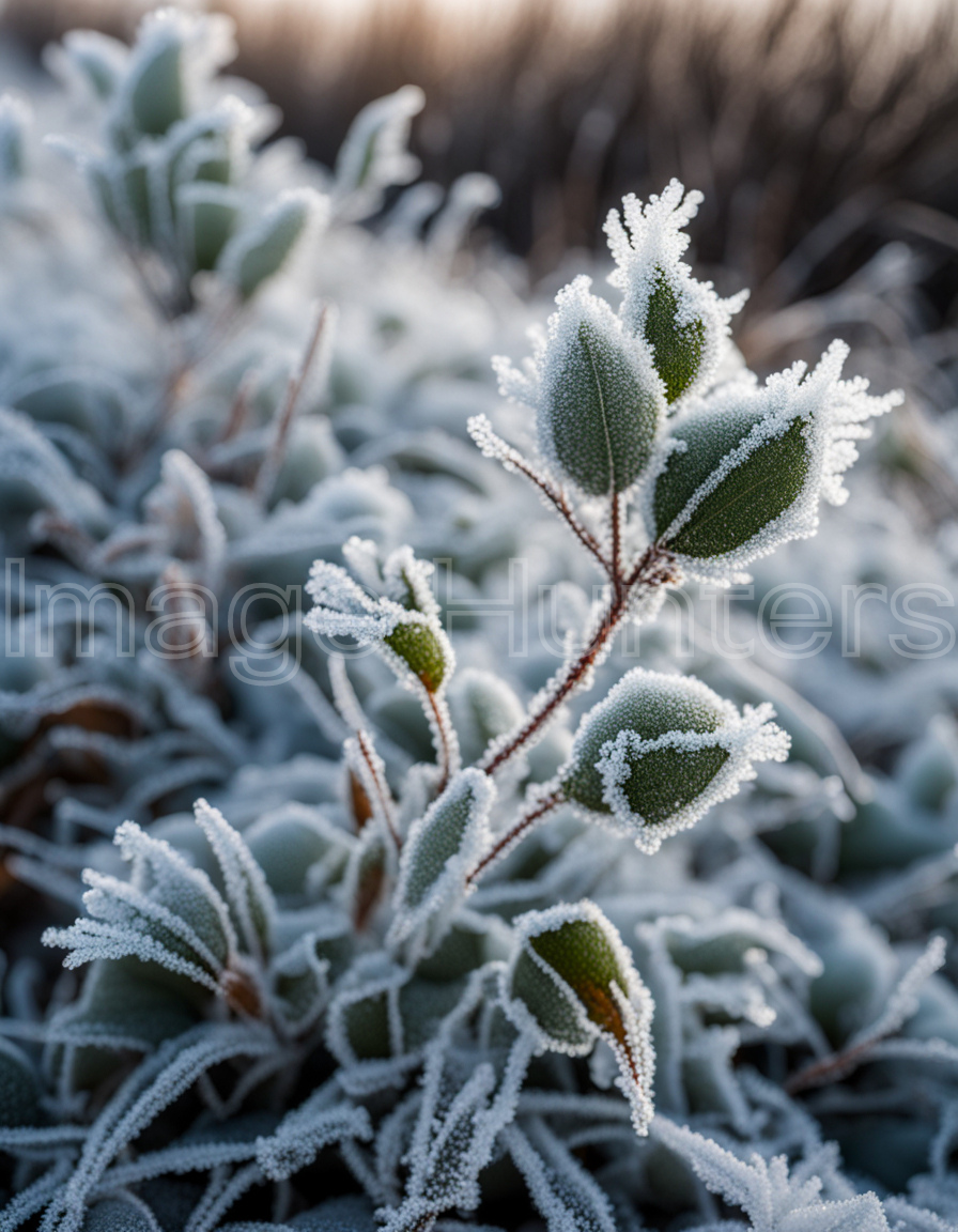 Lush green plants adorned with delicate, glistening frost