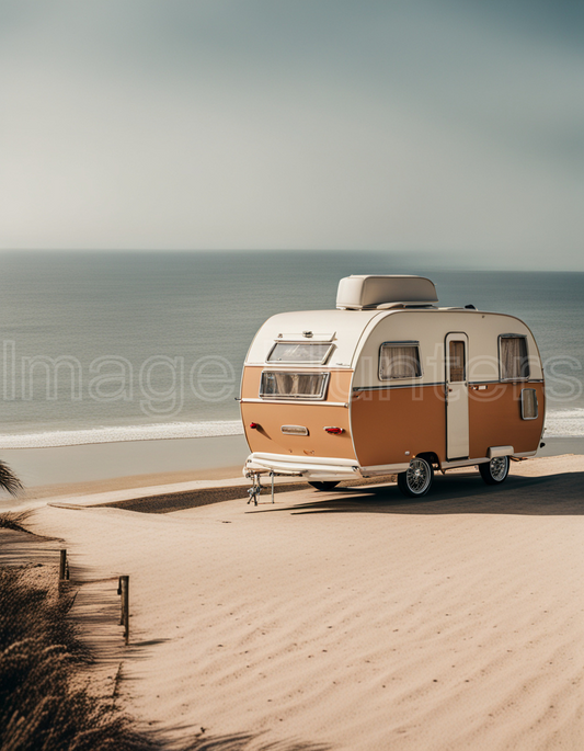 Vintage van truck parked by tranquil ocean