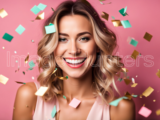 Happy Woman Celebrating with Colorful Confetti on Pink Background