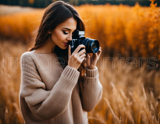 Beautiful Woman in Sweater Capturing Autumn's Beauty