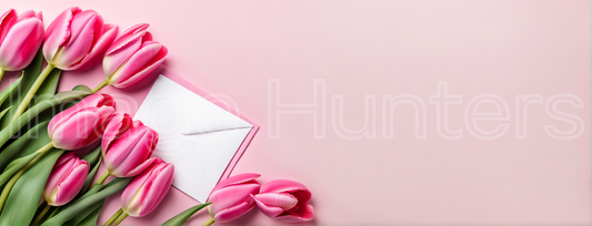 Overhead shot of vibrant pink tulips and a love letter envelope