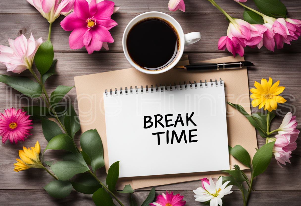 A desk adorned with a break time note, coffee cup, and fresh flowers.