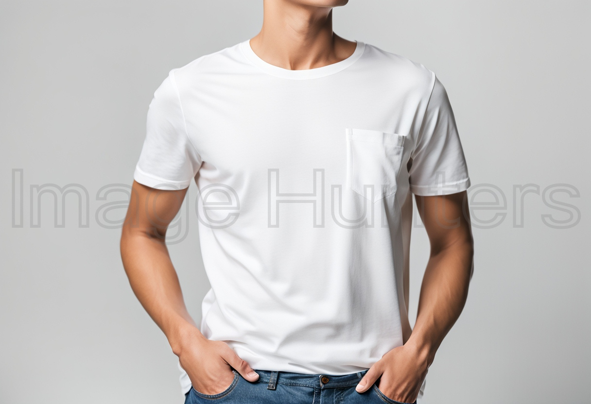 Young Man in white T-Shirt front mockup, hands in pockets