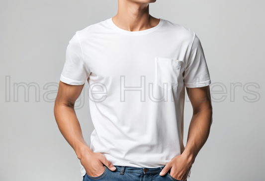 Young Man in white T-Shirt front mockup, hands in pockets