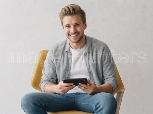 Young Boy Smiling with Smartphone Against White Studio Wall