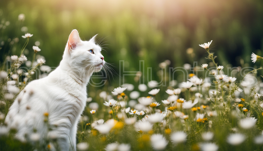 White Cat Among Wildflowers Gazing Upward