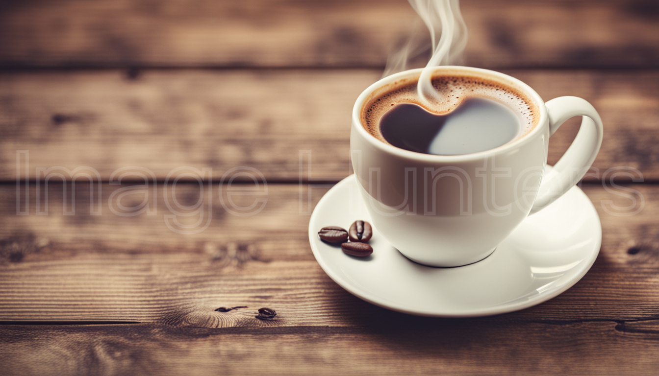 Steaming Coffee Cup with Beans on Wooden Table