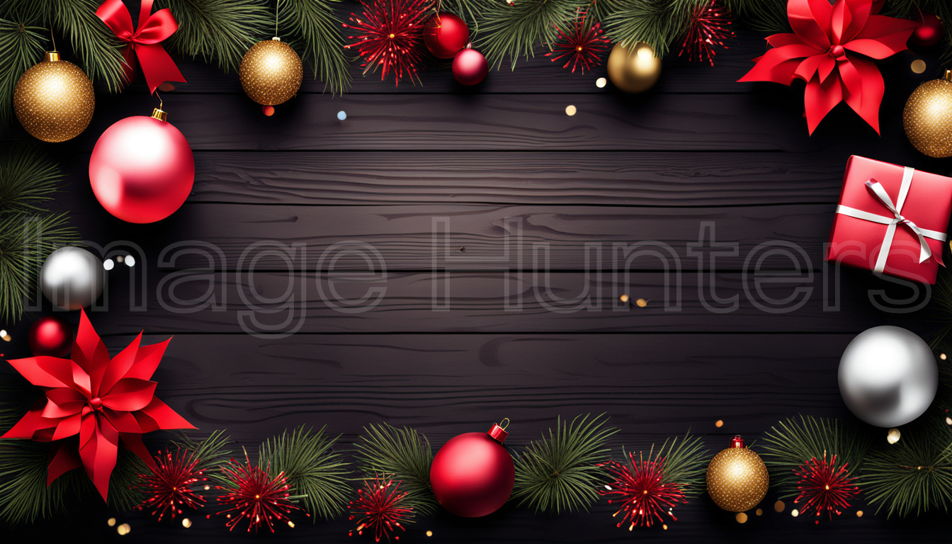 New Year Frame with Decorations on Dark Wooden Background