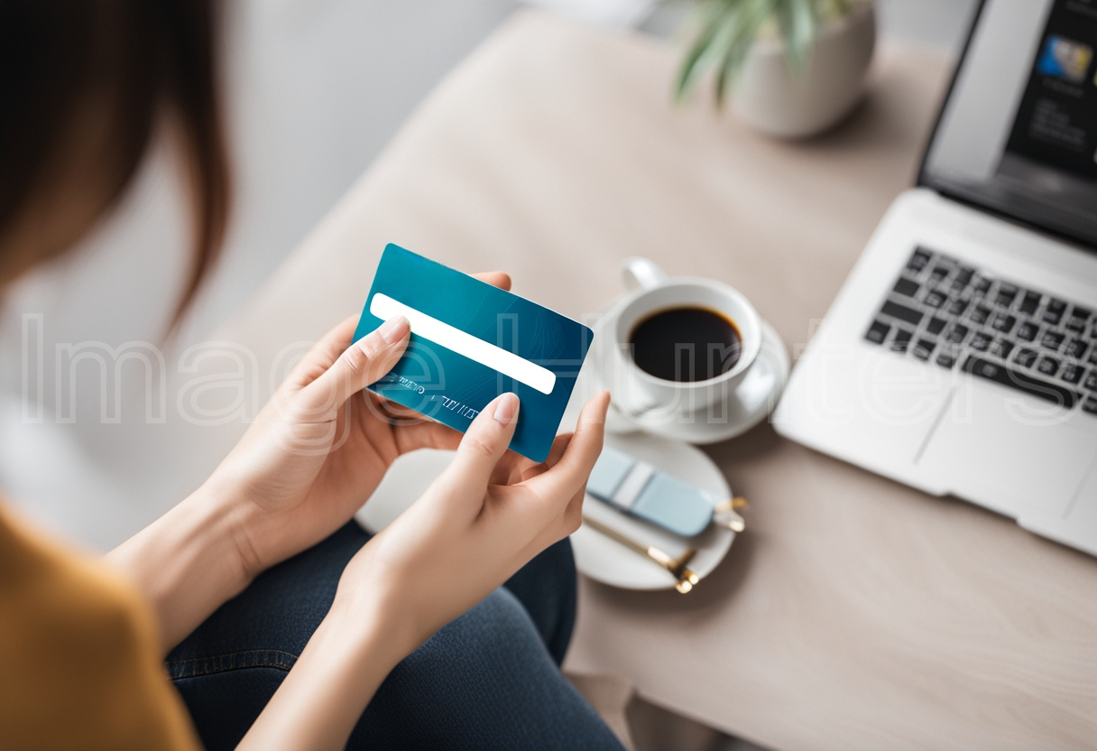 Woman's Hands Holding Credit Card, Laptop on Table