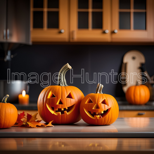 Spooky pumpkins decorate kitchen counter