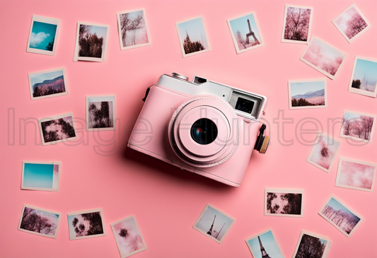 Pink Polaroid Camera Surrounded by Photos on Pink Background