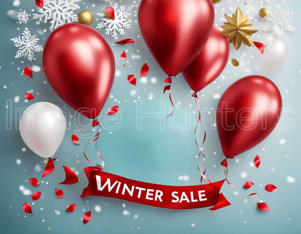 Winter Sale Banner with Balloons and Confetti