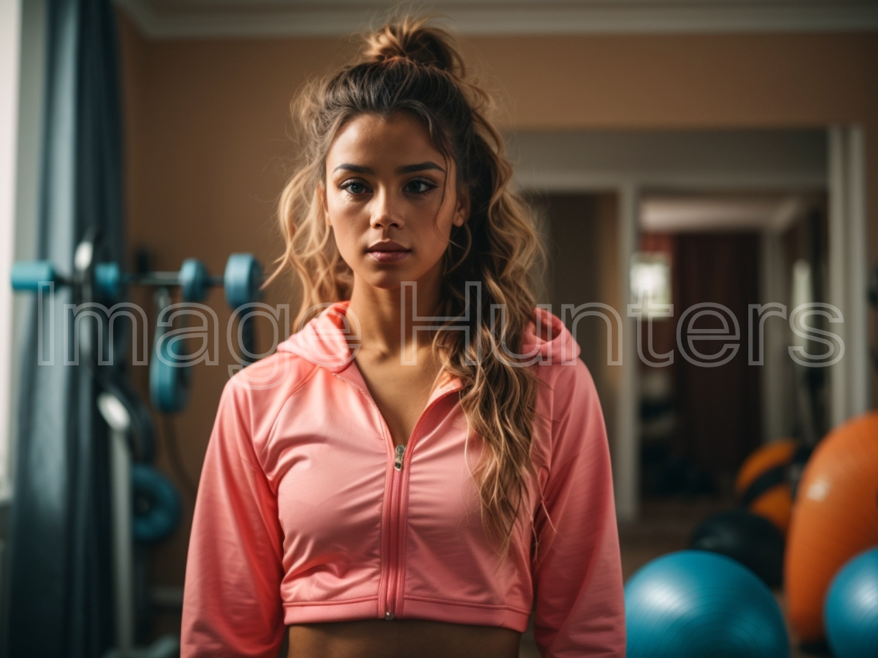 Young Girl in Gym, Checking Mirror in Sportswear