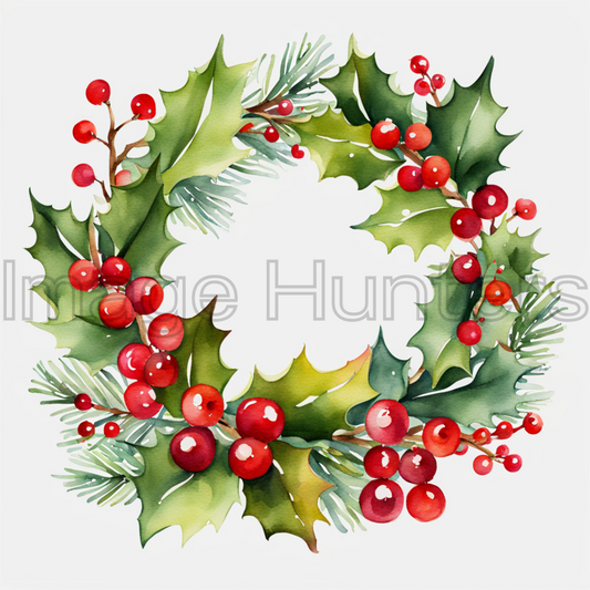 Watercolor Christmas wreath with holly and berries