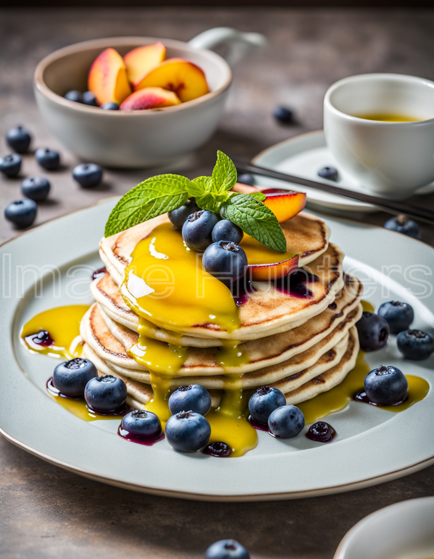 Peach Blueberry Pancakes with Yellow Mint Syrup Drizzle