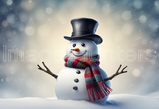 Cheerful Snowman in a Scarf and Top Hat