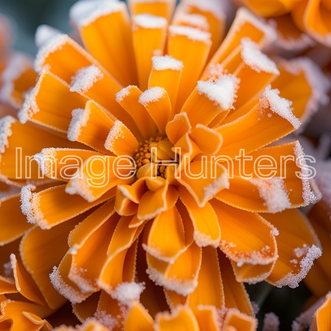 Marigold with Frost Close-Up Macro Photo