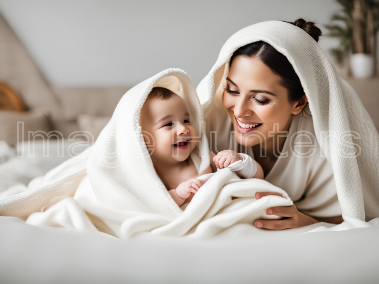 Mother and Baby Sharing Laughter Under a Cozy Blanket